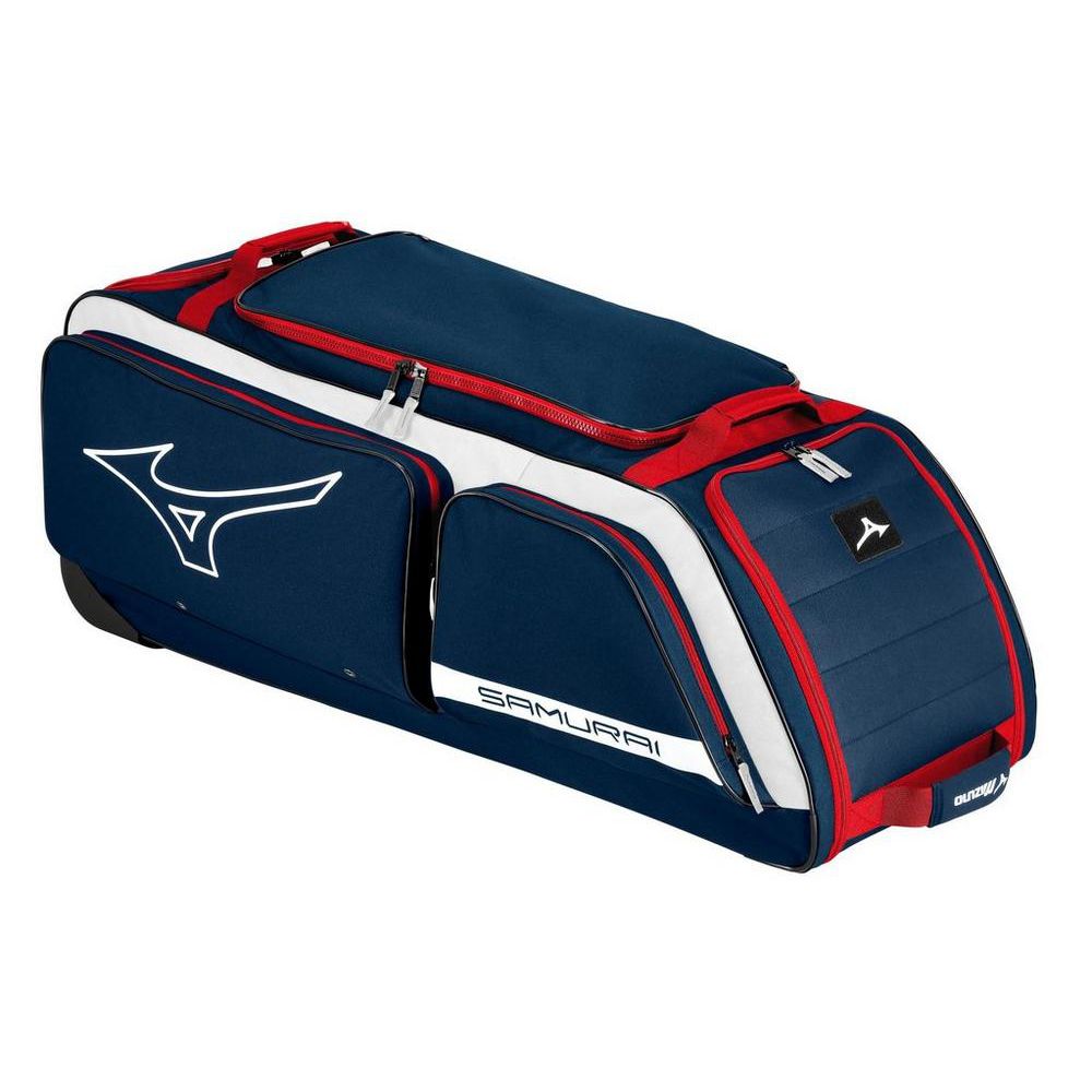 The Mizuno Samurai Wheeled Catcher's Bag: 360327 in Patriot Blue features roomy side pockets, a spacious main compartment, and a bold white Mizuno logo—ideal for storing all your catcher's gear.