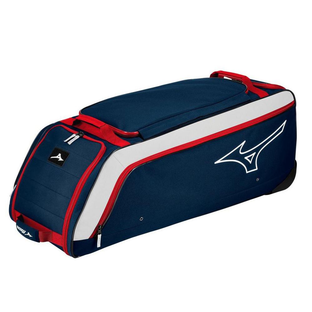 The Mizuno Samurai Wheeled Catcher's Bag (360327) is a spacious, durable navy blue catcher's gear bag featuring red handles, white side panels, zippers, and a bold Mizuno logo—ideal for pros seeking top-tier performance.