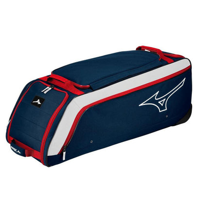 The Mizuno Samurai Wheeled Catcher's Bag (360327) is a spacious, durable navy blue catcher's gear bag featuring red handles, white side panels, zippers, and a bold Mizuno logo—ideal for pros seeking top-tier performance.