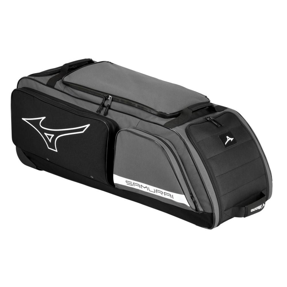 The Mizuno Samurai Wheeled Catcher's Bag 360327 in Charcoal-Black features zippered compartments and the Mizuno logo—ideal for carrying all your catcher's gear.