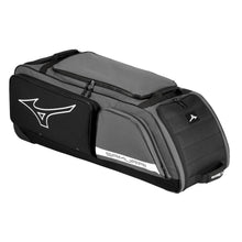 The Mizuno Samurai Wheeled Catcher's Bag 360327 in Charcoal-Black features zippered compartments and the Mizuno logo—ideal for carrying all your catcher's gear.