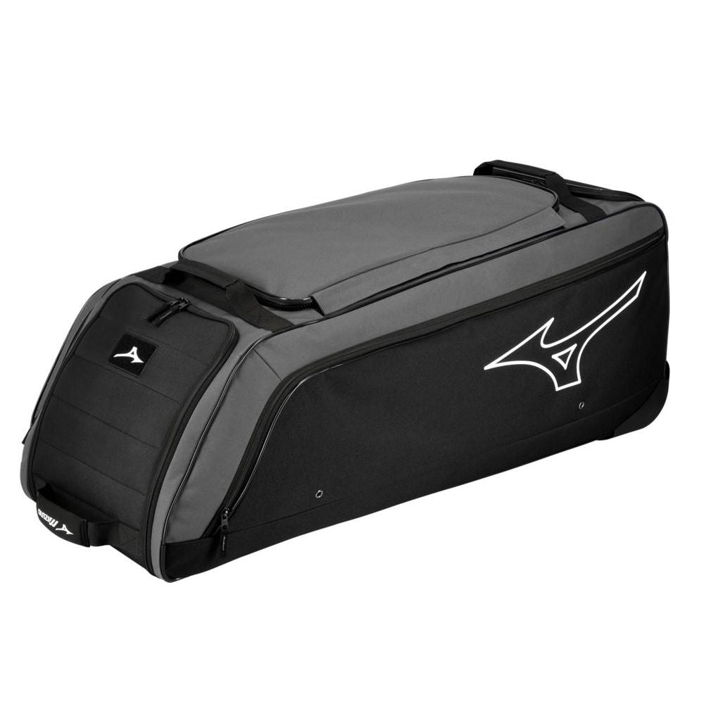 The Mizuno Samurai Wheeled Catcher's Bag (360327) is a large black and gray bag with a top zipper, side handles, and white Mizuno logo—ideal as a durable catcher's gear bag for pros.