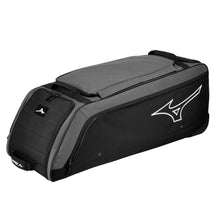 The Mizuno Samurai Wheeled Catcher's Bag (360327) is a large black and gray bag with a top zipper, side handles, and white Mizuno logo—ideal as a durable catcher's gear bag for pros.