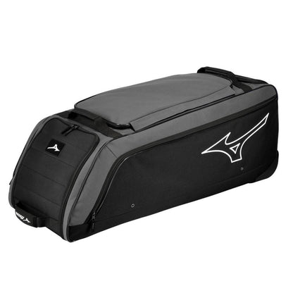 The Mizuno Samurai Wheeled Catcher's Bag (360327) is a large black and gray bag with a top zipper, side handles, and white Mizuno logo—ideal as a durable catcher's gear bag for pros.