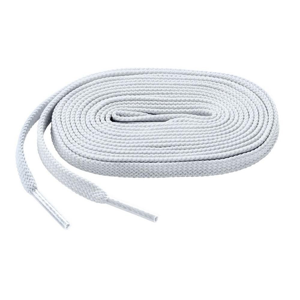 The Mizuno Shoelaces: 370201 by Mizuno is a coiled white premium shoelace with plastic aglets on both ends, neatly arranged on a plain white background.