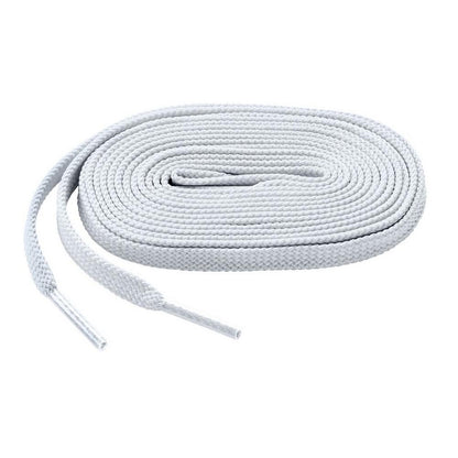 The Mizuno Shoelaces: 370201 by Mizuno is a coiled white premium shoelace with plastic aglets on both ends, neatly arranged on a plain white background.