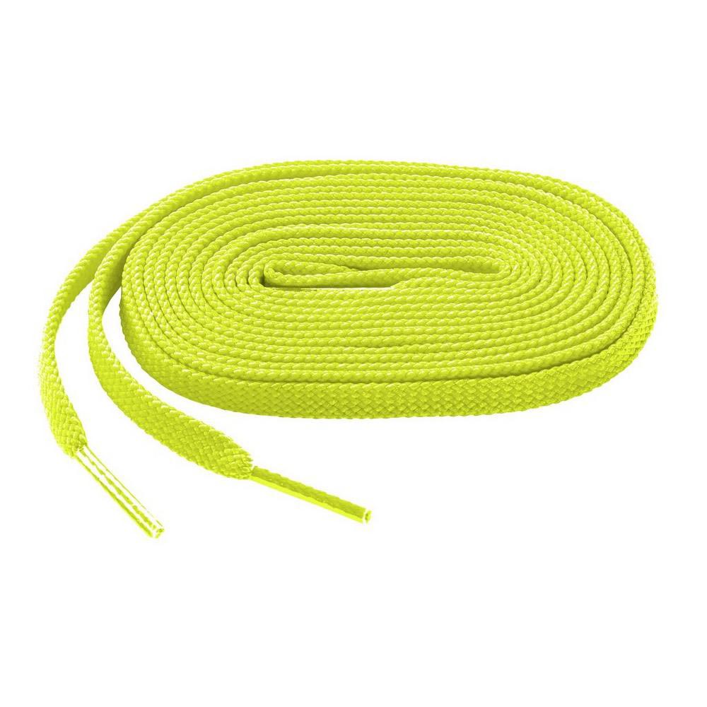 A coiled neon yellow Mizuno Shoelaces: 370201 from Mizuno with a textured surface and plastic tips, displayed on a white background.