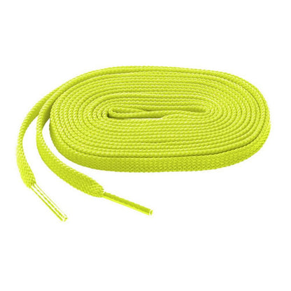 A coiled neon yellow Mizuno Shoelaces: 370201 from Mizuno with a textured surface and plastic tips, displayed on a white background.