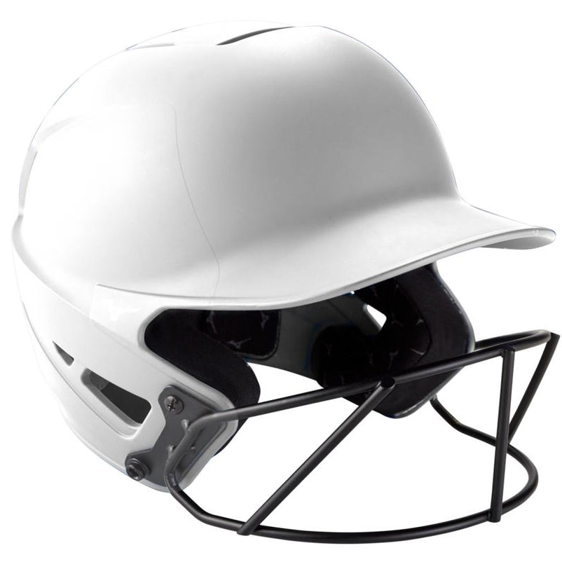 The Mizuno F6 Solid Fastpitch Batting Helmet with Mask (380395/380397) is shown in white with a black face guard, front angled on a white background—ideal protective gear for female athletes.