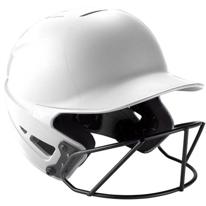 The Mizuno F6 Solid Fastpitch Batting Helmet with Mask (380395/380397) is shown in white with a black face guard, front angled on a white background—ideal protective gear for female athletes.