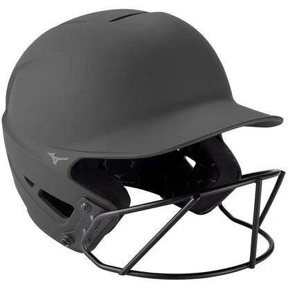 The Mizuno F6 Solid Fastpitch Batting Helmet with Mask (models 380395 / 380397) in matte black features a protective metal face guard, side ventilation holes, and a discreet Mizuno logo—making it an ideal choice for dedicated female fastpitch softball players.