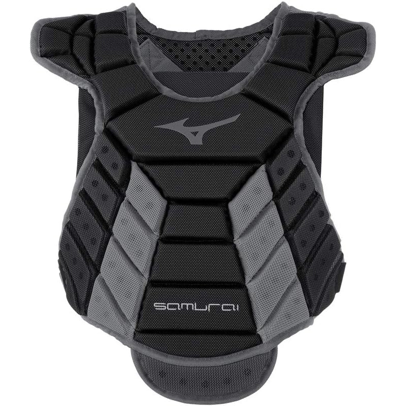 The Mizuno Samurai Women's Catcher's Chest Protector (380407/380402) in black and gray features padded panels, reinforced shoulders and chest, and "Samurai" text, offering enhanced protection for softball or baseball catchers.