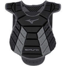 The Mizuno Samurai Women's Catcher's Chest Protector (380407/380402) in black and gray features padded panels, reinforced shoulders and chest, and "Samurai" text, offering enhanced protection for softball or baseball catchers.