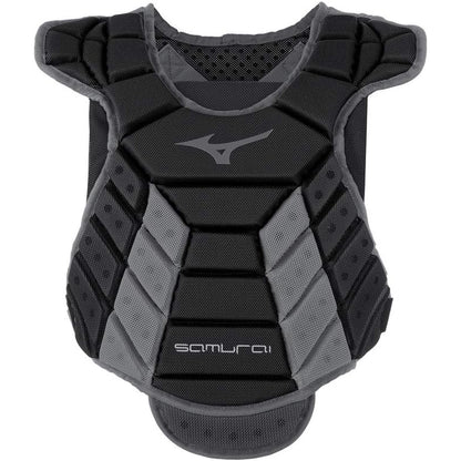 The Mizuno Samurai Women's Catcher's Chest Protector (380407/380402) in black and gray features padded panels, reinforced shoulders and chest, and "Samurai" text, offering enhanced protection for softball or baseball catchers.