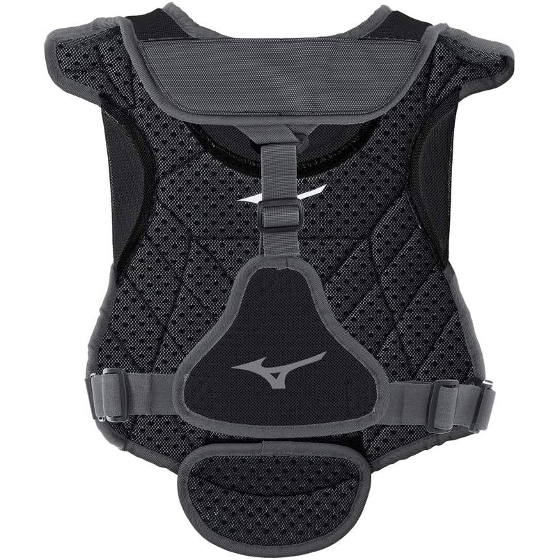 The Mizuno Samurai Women's Catcher's Chest Protector (380407/380402) features black and gray padding, mesh panels, adjustable straps, and a white Mizuno logo—ideal for fastpitch softball protection.