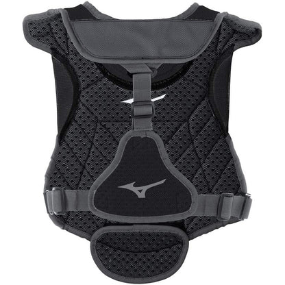 The Mizuno Samurai Women's Catcher's Chest Protector (380407/380402) features black and gray padding, mesh panels, adjustable straps, and a white Mizuno logo—ideal for fastpitch softball protection.