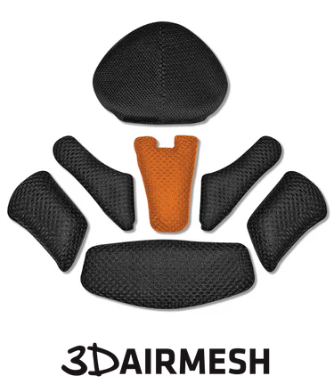 Seven black and orange mesh pads on a white background, labeled “3D AIR MESH.” These replacement liners fit the All Star PHX Paige Halstead MVP Pro Hockey Style Catcher's Helmet: MVP5-PHX or similar All Star catcher's helmets.
