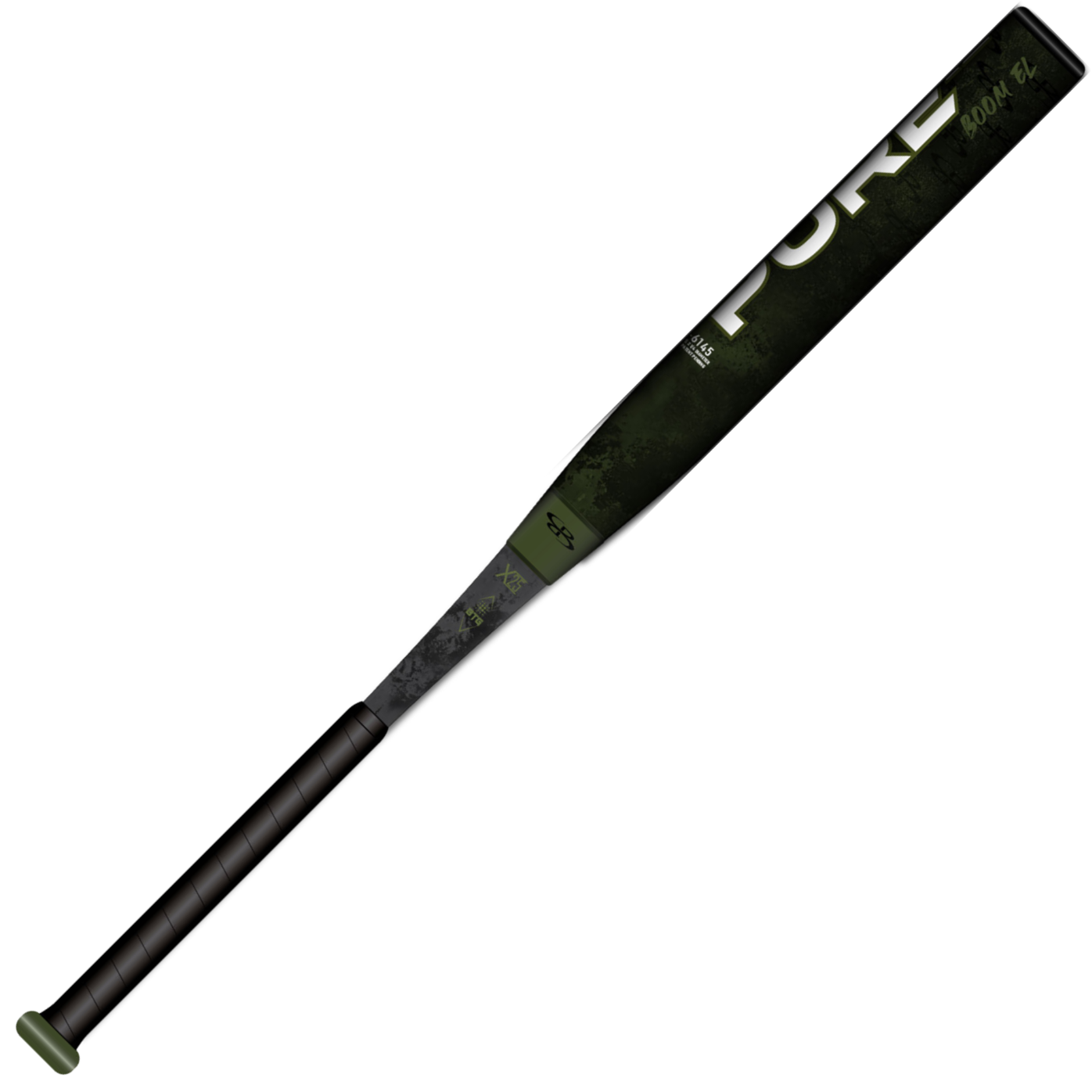 The Boombah 2026 Pure13 Green Boom 13" Endloaded NSA/USSSA Slowpitch Softball Bat (M3B0-6145 DG) features a black and dark green design, PURE in large white letters on the barrel, X25 Barrel Technology, and a black handle grip.