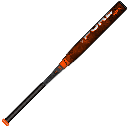 The Boombah 2026 Pure13 Orange Nuke Slowpitch Softball Bat (M3B0-6146 O) features a black and orange design with “PURE” in bold white on the barrel, X25 Barrel Technology, an orange end cap, and black grip tape.