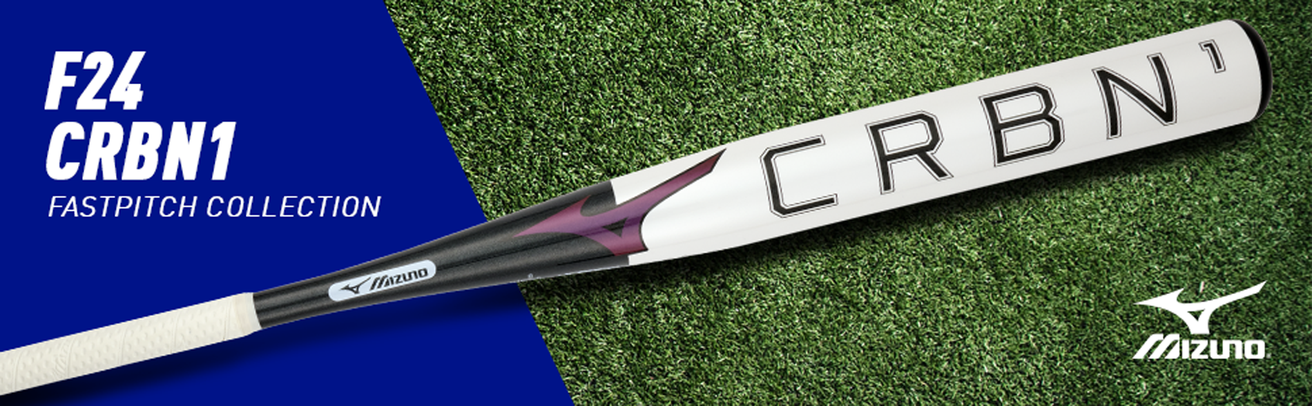 A Mizuno F24 CRBN1 fastpitch softball bat with a white barrel and black lettering lies on green turf, with F24 CRBN1 FASTPITCH COLLECTION text on a blue background. Mizuno logo is visible.