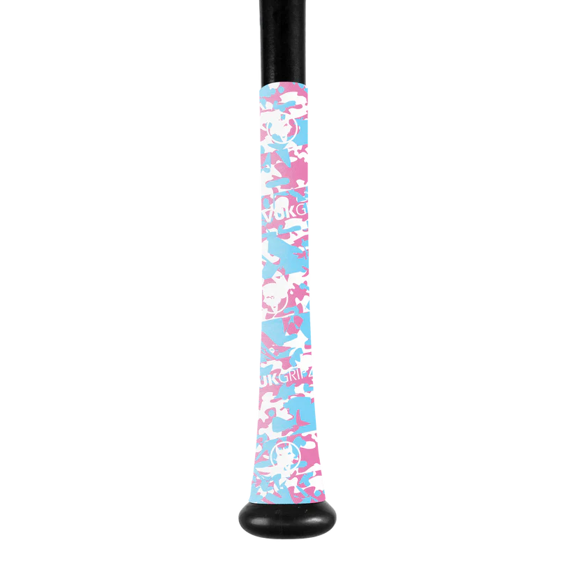 A VukGripz Bat Grip Tape by VukGripz is wrapped around a baseball bat handle, showcasing pink, blue, and white camouflage for optimal grip. The tape features the UKGRIP logo on a plain white background.