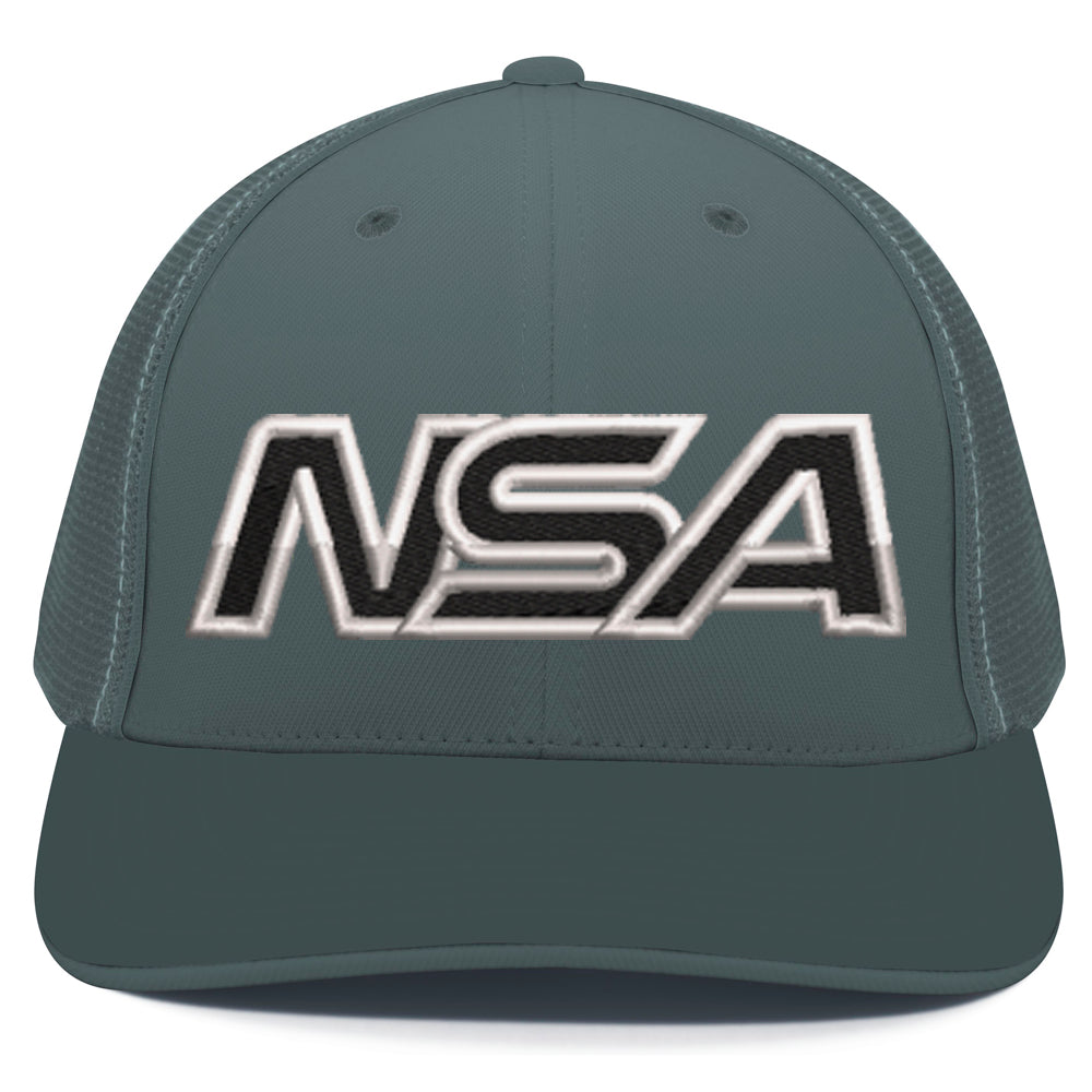 The Pacific Headwear NSA Outline Series Flex Fit Hat: 404M is a gray cap with mesh back, bold black and white embroidered NSA letters on the front, a universal fit, and classic U-shape visor.
