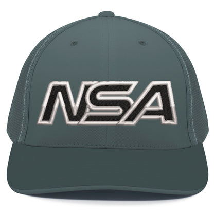 The Pacific Headwear NSA Outline Series Flex Fit Hat: 404M is a gray cap with mesh back, bold black and white embroidered NSA letters on the front, a universal fit, and classic U-shape visor.