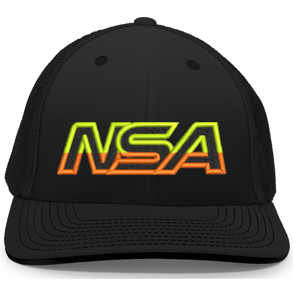 The NSA Outline Series Flex Fit Hat: 404M by Pacific Headwear is a black trucker cap with bold NSA letters in neon yellow-orange gradient on the front, featuring a universal fit and the signature U-Shape visor for style and comfort.