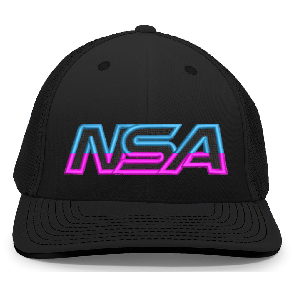 The NSA Outline Series Flex Fit Hat: 404M by Pacific Headwear is a black trucker cap with bold NSA lettering in blue and pink neon retro font across the front, finished with a classic U-Shape visor for style.