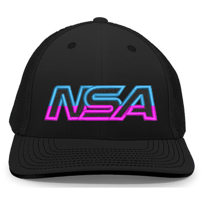 The NSA Outline Series Flex Fit Hat: 404M by Pacific Headwear is a black trucker cap with bold NSA lettering in blue and pink neon retro font across the front, finished with a classic U-Shape visor for style.