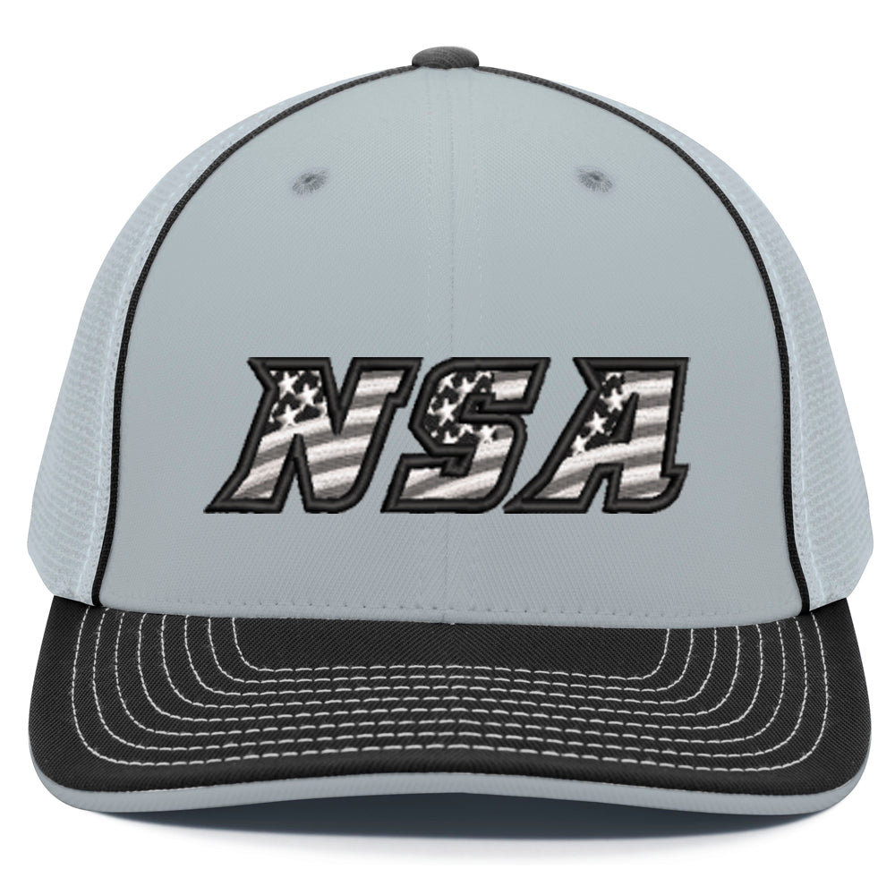 The Pacific Headwear NSA Flag Series Flex Fit Hat (404M) features a light gray and black design, mesh panels, white stitching, a U-shape visor, and a bold 3D NSA logo with stars and stripes on the front.
