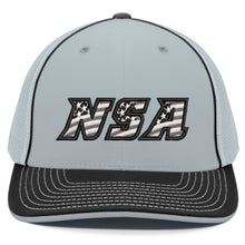 The Pacific Headwear NSA Flag Series Flex Fit Hat (404M) features a light gray and black design, mesh panels, white stitching, a U-shape visor, and a bold 3D NSA logo with stars and stripes on the front.