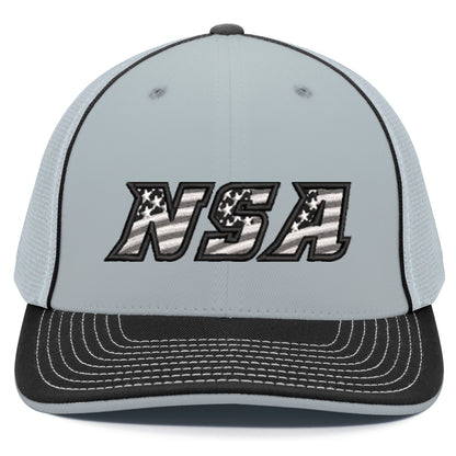 The Pacific Headwear NSA Flag Series Flex Fit Hat (404M) features a light gray and black design, mesh panels, white stitching, a U-shape visor, and a bold 3D NSA logo with stars and stripes on the front.