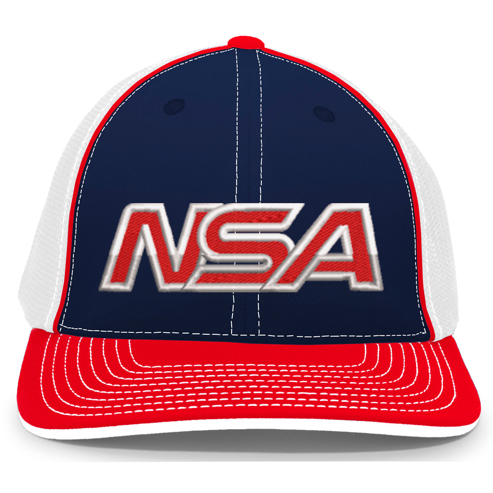 A blue and red Pacific Headwear NSA Outline Series Flex Fit Hat (404M) with a sleek U-Shape visor.