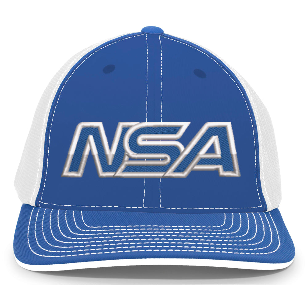 The Pacific Headwear NSA Outline Series Flex Fit Hat (404M) features blue and white panels, a U-Shape visor, white stitching, and large metallic NSA letters on the front.