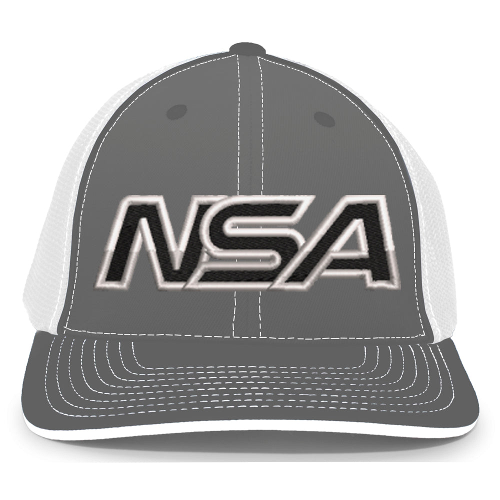 The NSA Outline Series Flex Fit Hat: 404M by Pacific Headwear features bold black and white NSA letters on the front, distinctive white stitching, and a classic U-Shape visor for a comfortable universal fit in stylish gray and white.
