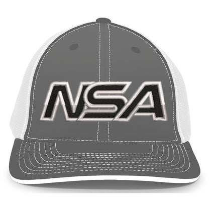 The NSA Outline Series Flex Fit Hat: 404M by Pacific Headwear features bold black and white NSA letters on the front, distinctive white stitching, and a classic U-Shape visor for a comfortable universal fit in stylish gray and white.