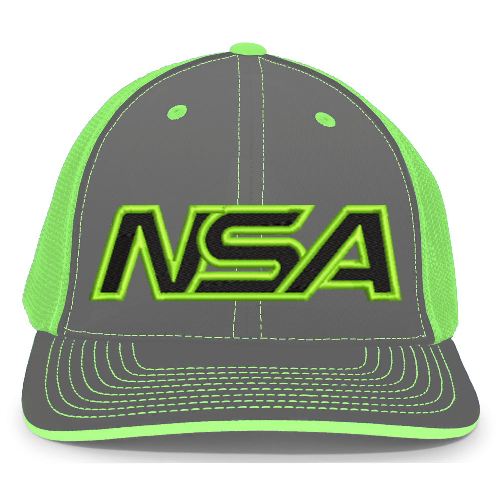 The NSA Outline Series Flex Fit Hat: 404M by Pacific Headwear features a gray and neon green design, U-Shape visor, bold NSA lettering on the front, neon green stitching, and mesh sides/back for standout universal fit style.