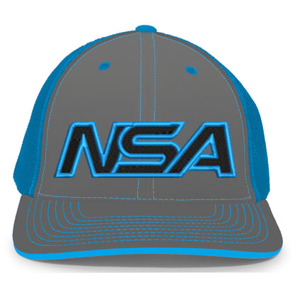 The NSA Outline Series Flex Fit Hat: 404M by Pacific Headwear is a gray and blue universal-fit cap with mesh sides, large black NSA embroidery with blue outline, blue stitching accents, and a flexible U-shape visor.