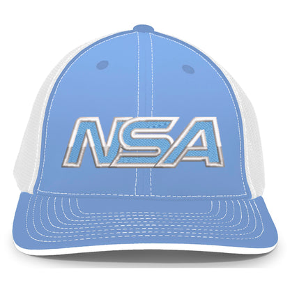 The Pacific Headwear NSA Outline Series Flex Fit Hat: 404M is a blue and white cap with a U-Shape visor for style and comfort.