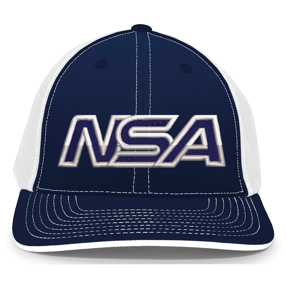 The NSA Outline Series Flex Fit Hat: 404M by Pacific Headwear features a blue and white design, bold metallic NSA letters on the front, a U-shape visor, and classic white stitching for a timeless, universal fit.