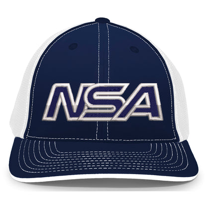 The NSA Outline Series Flex Fit Hat: 404M by Pacific Headwear features a blue and white design, bold metallic NSA letters on the front, a U-shape visor, and classic white stitching for a timeless, universal fit.