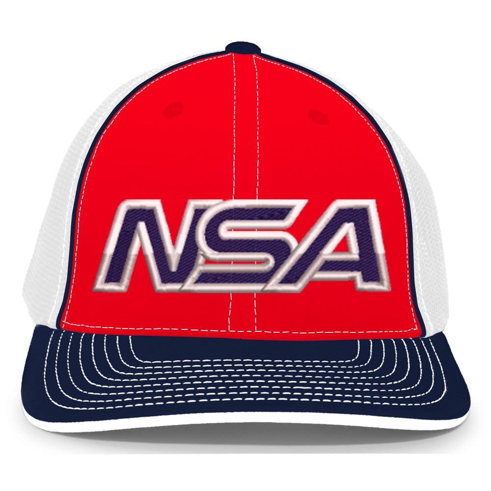 The Pacific Headwear NSA Outline Series Flex Fit Hat (404M) features bold NSA letters, red/white/navy colors, a navy brim with white stitching, white mesh sides, and a comfortable universal-fit U-Shape visor.