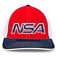 The Pacific Headwear NSA Outline Series Flex Fit Hat (404M) features bold NSA letters, red/white/navy colors, a navy brim with white stitching, white mesh sides, and a comfortable universal-fit U-Shape visor.