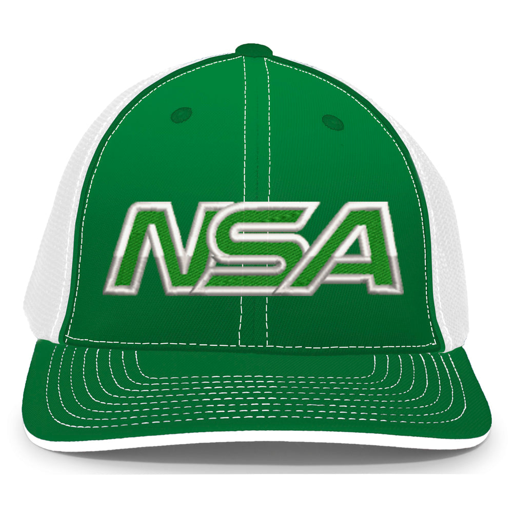 The NSA Outline Series Flex Fit Hat: 404M by Pacific Headwear is a green and white Universal fit cap featuring bold silver NSA letters with white outline, white mesh back, prominent stitching, and a classic U-Shape visor.