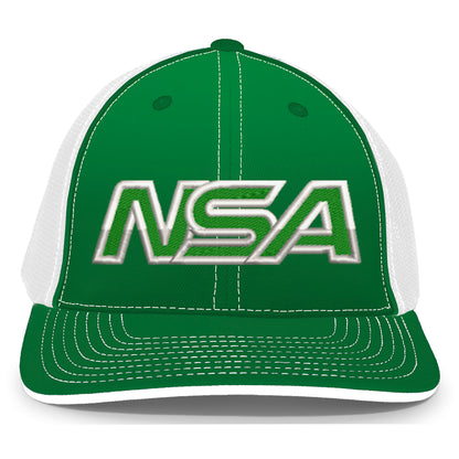 The NSA Outline Series Flex Fit Hat: 404M by Pacific Headwear is a green and white Universal fit cap featuring bold silver NSA letters with white outline, white mesh back, prominent stitching, and a classic U-Shape visor.