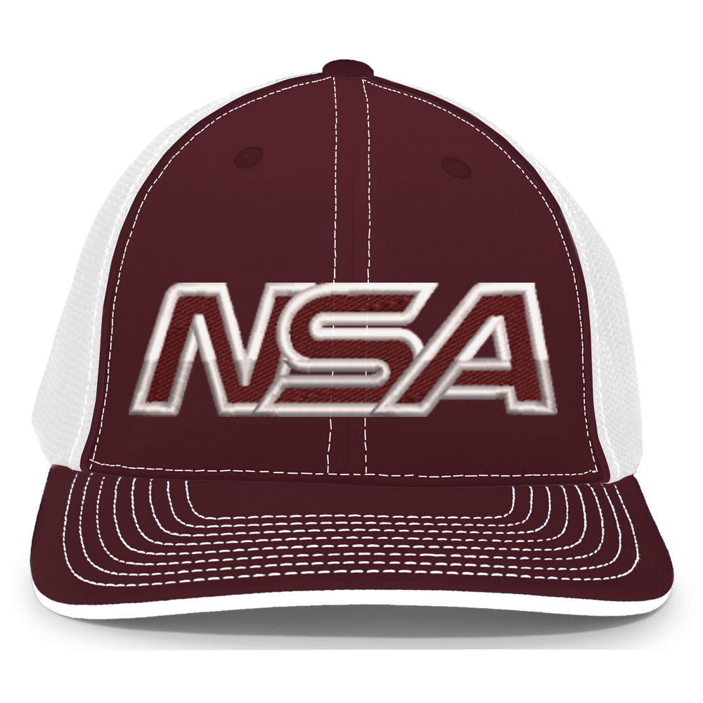 The NSA Outline Series Flex Fit Hat: 404M by Pacific Headwear is a maroon and white cap with bold metallic NSA letters, white stitching, U-shape visor, breathable mesh back, and universal fit.