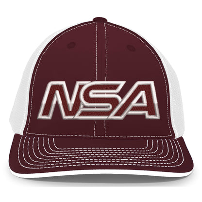 The NSA Outline Series Flex Fit Hat: 404M by Pacific Headwear is a maroon and white cap with bold metallic NSA letters, white stitching, U-shape visor, breathable mesh back, and universal fit.