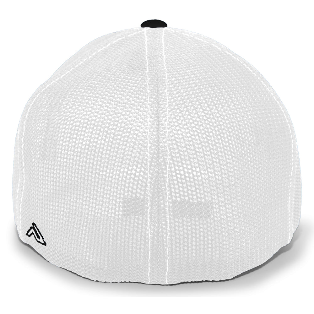 The image shows the back of a Pacific Headwear NSA Outline Series Flex Fit Hat: 404M, featuring a white mesh design, small black logo on the lower left, black top button, and a curved center seam.