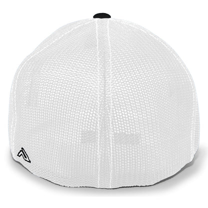 The image shows the back of a Pacific Headwear NSA Outline Series Flex Fit Hat: 404M, featuring a white mesh design, small black logo on the lower left, black top button, and a curved center seam.
